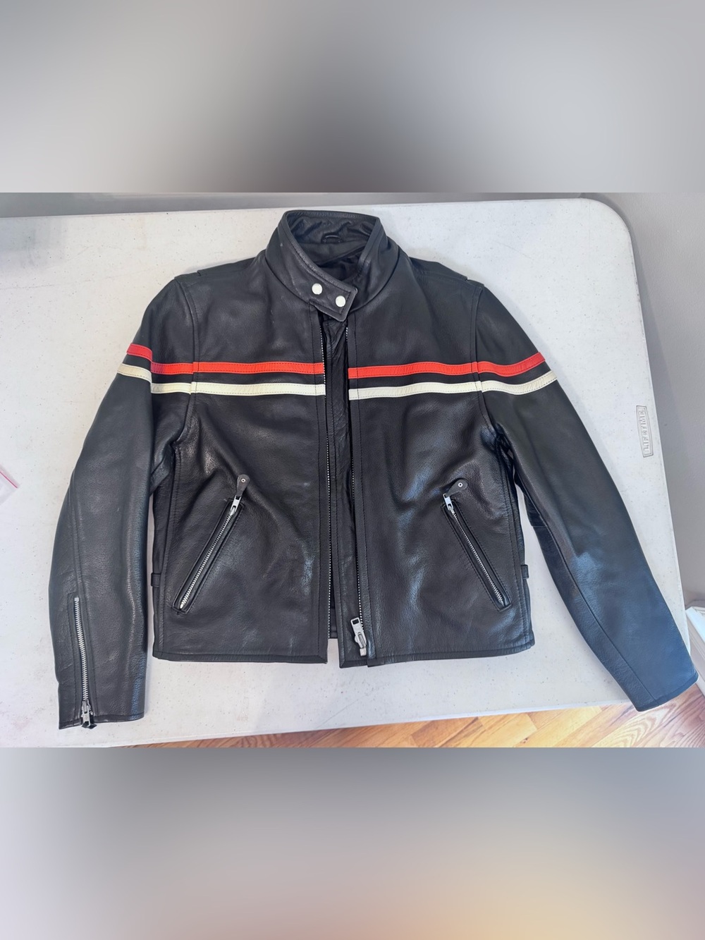 Real Leather Black Biker Jacket with Orange and Cream Harley Davidson Stripes,